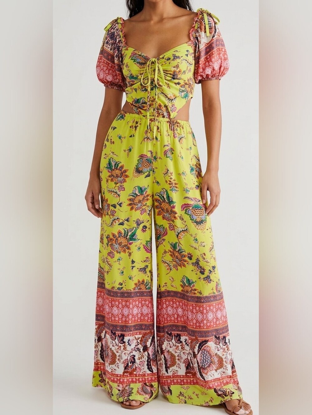 Free People Bali Jumper Lime Green Floral Cutout Wide Leg Jumpsuit XS EUC - Picture 1 of 14